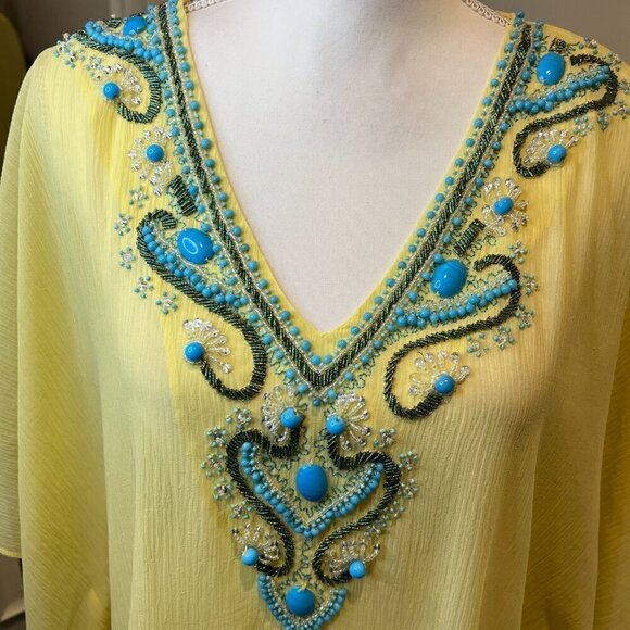 Chico's Beaded Yellow Mazie Peri Poncho, Size S/M - Picture 3 of 14